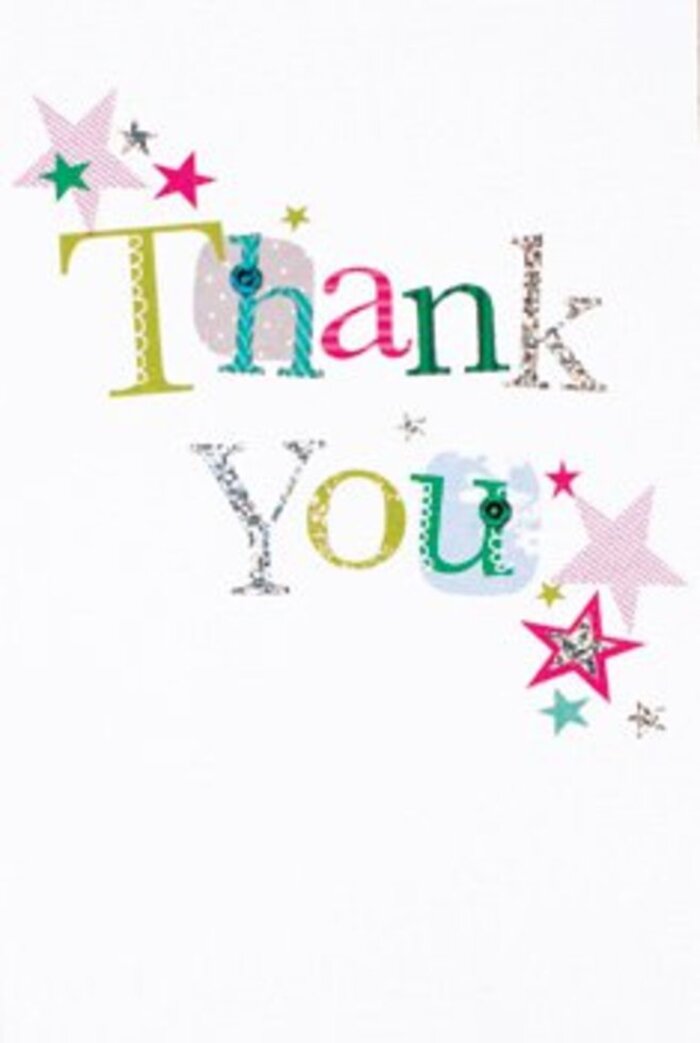 Graceful and unexpectedly exuberant, this thank you card perfectly balances sophistication and play, making it a fitting expression for moments shared in Honor Oak's leafy enclaves. Each letter of the message is distinct-some swirl with whimsical spots, others curve in a more elegant, musical style-brought to life in lively hues: zesty lime, deep pink, serene blue, with hints of lustrous silver. Small, sparkling stars-some adorned with vivid pink stripes, others painted in cool turquoise or metallic sheen-seem to bless the message, clustered near the letters as reminders of the gentle camaraderie found at local parks or cafes along Brockley Rise. The overall composition feels modern and inviting, its airiness and crisp white backdrop suggesting optimism and welcome. Neither too casual nor too formal, the card projects warmth that transcends occasion. You can easily picture it nestled among a fresh bouquet ready for delivery in SE23, the perfect accompaniment crafted by a florist with deep roots in Honor Oak, making every thank you as uplifting and memorable as the joy of unexpected flowers.